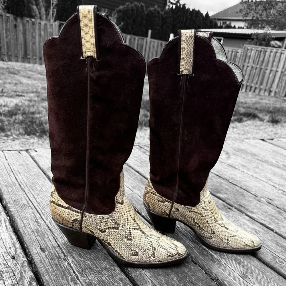 Vintage Larry Mahan Brown Suede and Reptile Leather Women's Cowboy Boots - Picture 2 of 8